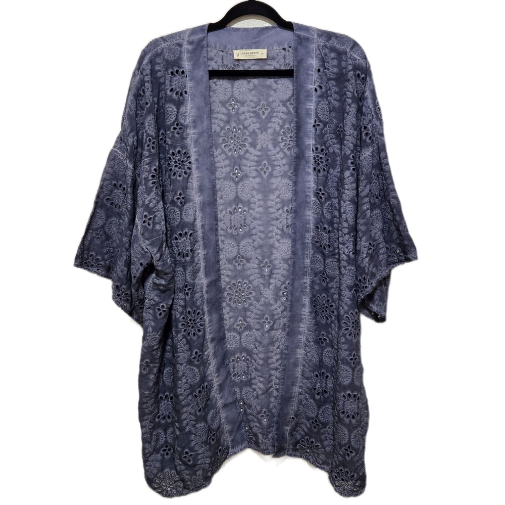 Lucky Brand Perforated Lace Kimono in Dusty Blue